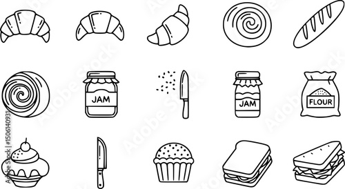 Bakery and pastry solid icons set – filled style culinary, baking, and dessert symbols for kitchen design: croissant, baguette, swirl bun, jam jar, knife, flour bag, muffin, sandwich