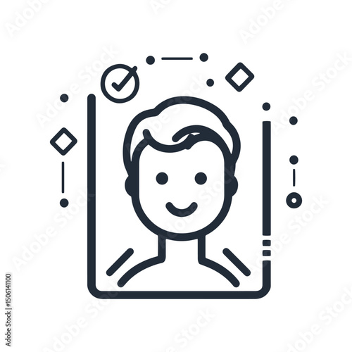 Outlined avatar in a digital frame with symbols, representing user verification, identity check, and profile confirmation icon