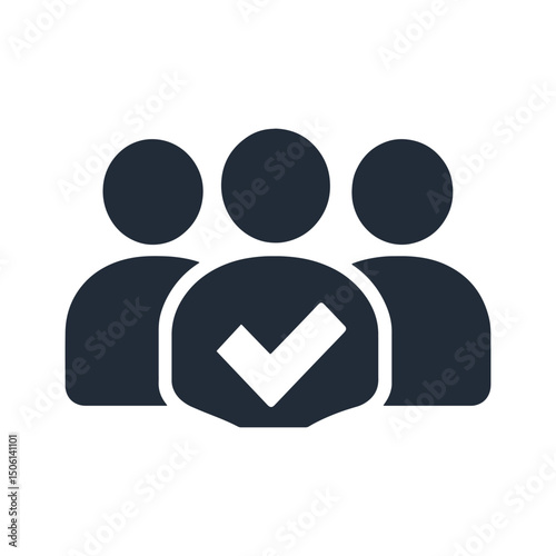 Flat group icon with bold check mark, indicating verified members, approved users, and trusted online access icon
