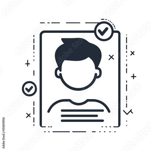 Verified avatar profile icon with check marks and lines, symbolizing user approval, identity confirmation, and digital security icon