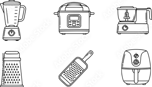 Kitchen appliance icons set: linear style—blender, multicooker, food processor, grater, air fryer
