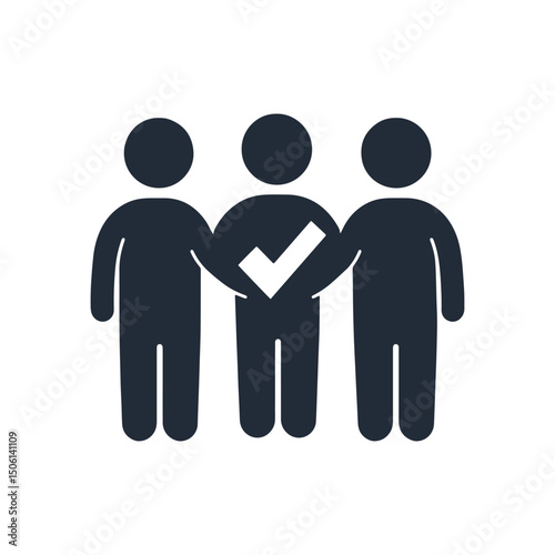 Three people holding hands with a check mark in center, representing teamwork, approval, and group confirmation icon