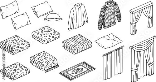 Cozy home textiles icon set - 3d linear style featuring pillows, sweaters, blankets, rugs, curtains