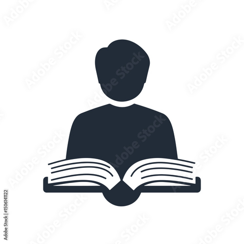 Solid icon of a person reading an open book, representing studying, academic focus, and knowledge acquisition icon