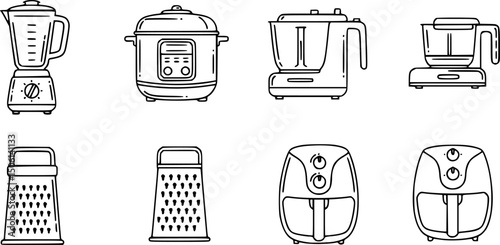 Kitchen appliance icons set: linear style—blender, multicooker, food processor, grater, air fryer