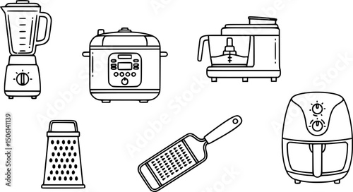 Kitchen appliance icons set: linear style—blender, multicooker, food processor, grater, air fryer