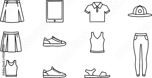 Casual wear solid icon set – minimalist clothing and fashion symbols for style design: skirt, polo shirt, hat, sneakers, tablet, sandal, sleeveless top, leggings.