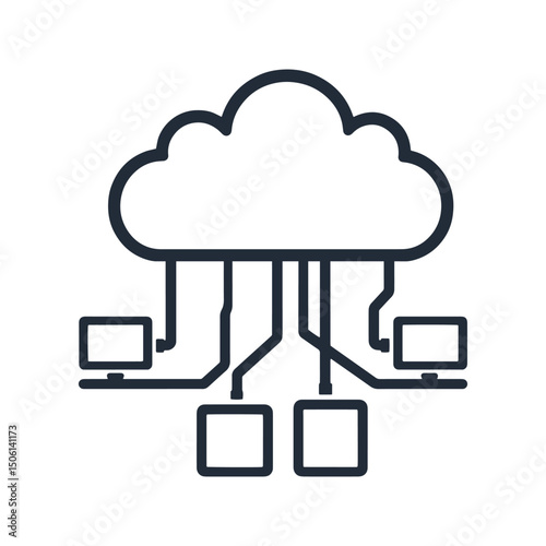 Cloud computing network icon with connected desktop devices, representing data sharing, internet access, and cloud storage icon