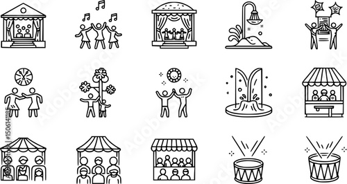 Community festival icon set - solid style icons featuring music, family fun, and outdoor activities: concert stage, dancing, splash pad, market stall, audience, drums.