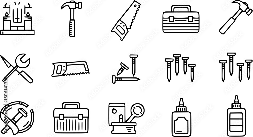 Obraz premium Construction tools icon set - linear style: hammer, saw, toolbox, nails, glue