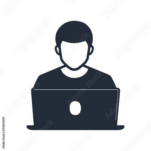 Icon of a man working on a laptop, representing online activity, remote work, studying, or digital communication