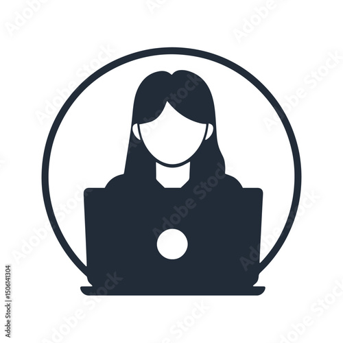 Icon of a woman working on a laptop inside a circle, symbolizing online communication, remote work, and female user