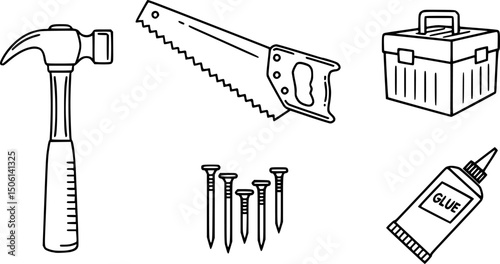 Construction tools icon set - linear style: hammer, saw, toolbox, nails, glue