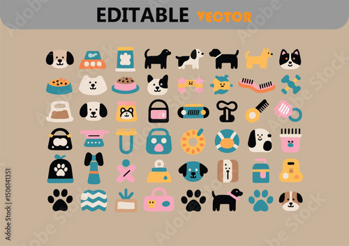 Cute dog icons collection pet supplies vector illustration
