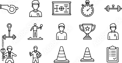 Sports coaching solid icons set – filled style training, fitness, and strategy symbols for athletic guidance: whistle, tactics board, stopwatch, coach, trophy, trainer, cones, clipboard