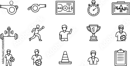 Sports coaching solid icons set – filled style training, fitness, and strategy symbols for athletic guidance: whistle, tactics board, stopwatch, coach, trophy, trainer, cones, clipboard
