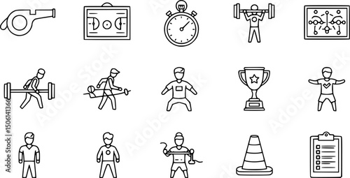 Sports coaching solid icons set – filled style training, fitness, and strategy symbols for athletic guidance: whistle, tactics board, stopwatch, coach, trophy, trainer, cones, clipboard