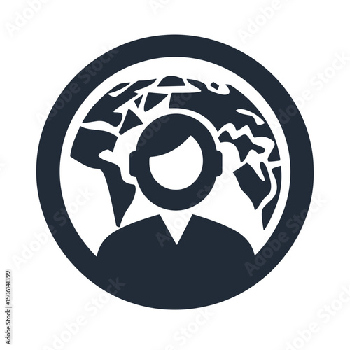 Icon of a user in front of a world map, representing global reach, business identity, and international connection