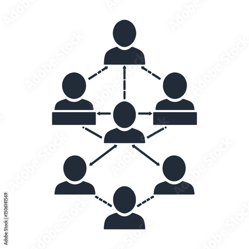 Hexagonal arrangement of connected people, showing a collaborative team network or distributed organizational system