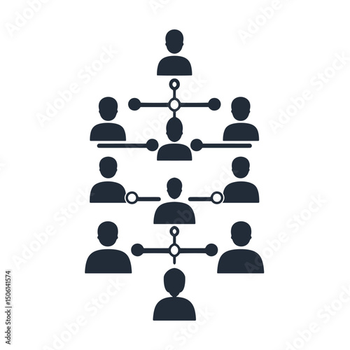 Vertical chart of people icons with linking nodes, representing a connected system, workflow, or corporate hierarchy