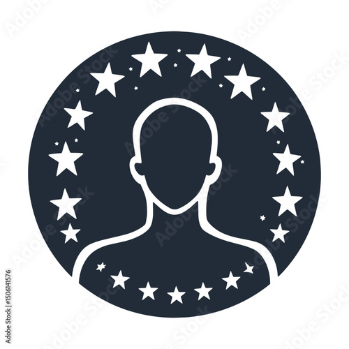 Recognition icon featuring a person silhouette surrounded by stars, symbolizing achievement, status, and award distinction
