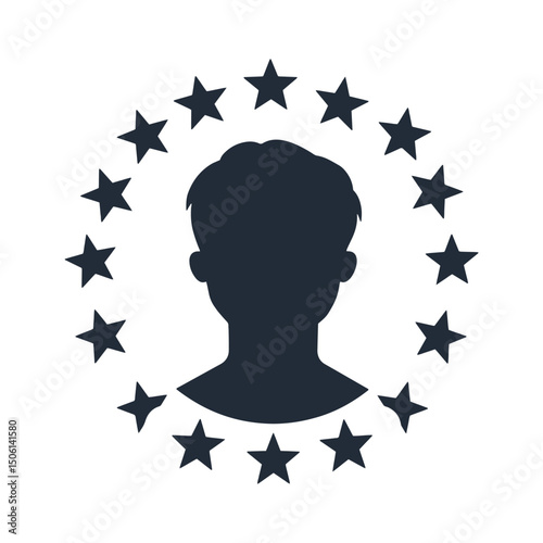 Profile icon with male silhouette encircled by evenly spaced stars, representing trust, recognition, and featured individual