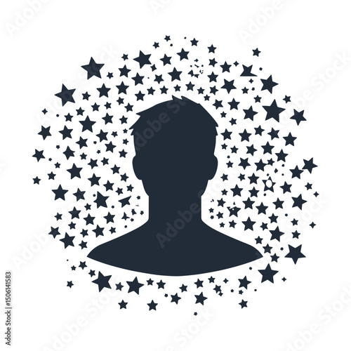 Celebration icon of a male profile silhouette in a starburst arrangement, representing rating, recognition, and visual prominence