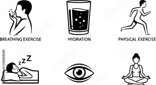 Wellness routine icon set: breathing, hydration, exercise, sleep, vision, relaxation
