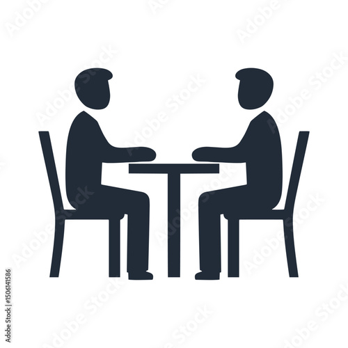 Interview icon featuring two people at a table, suggesting formal evaluation, professional meeting, or candidate screening