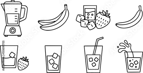 Smoothie ingredients icon set – solid style mixology and beverage symbols for healthy lifestyle: blender, banana, strawberry, ice cubes, glass, juice pour, splash