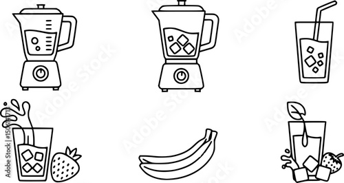 Smoothie ingredients icon set – solid style mixology and beverage symbols for healthy lifestyle: blender, banana, strawberry, ice cubes, glass, juice pour, splash