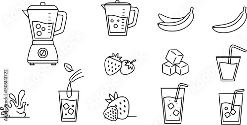 Smoothie ingredients icon set – solid style mixology and beverage symbols for healthy lifestyle: blender, banana, strawberry, ice cubes, glass, juice pour, splash