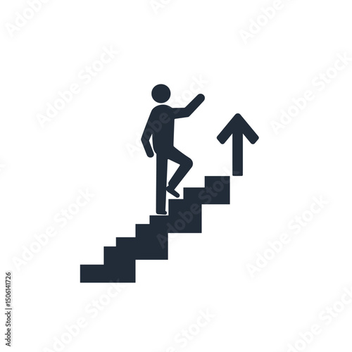 Motivation icon of a person stepping upward on stairs toward an arrow, symbolizing determination and goal pursuit