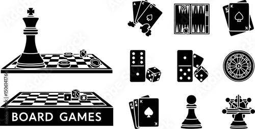 Board and table games solid icons set – silhouette style for gaming, leisure, and strategy symbols: chess king, checkers, backgammon, domino, dice, cards, roulette, pawn. 