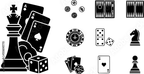 Board and table games solid icons set – silhouette style for gaming, leisure, and strategy symbols: chess king, checkers, backgammon, domino, dice, cards, roulette, pawn. 