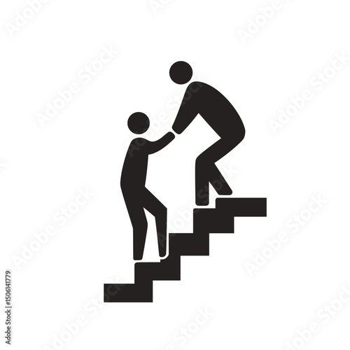Support icon of one person helping another up the stairs, representing teamwork, guidance, and collaboration
