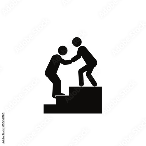 Assistance icon showing one figure lifting another onto a platform, symbolizing help, mentoring, and mutual effort