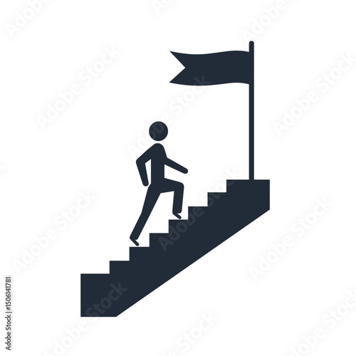 Achievement icon of a person ascending stairs toward a waving flag, symbolizing success, ambition, and completion