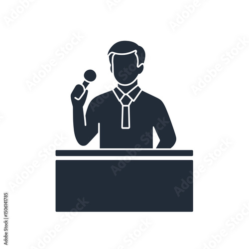 Speaker icon of a man standing at a podium with a microphone, representing presentation, public speaking, and leadership