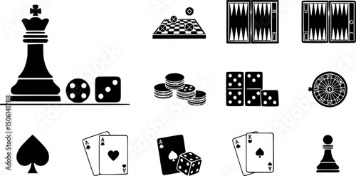 Board and table games solid icons set – silhouette style for gaming, leisure, and strategy symbols: chess king, checkers, backgammon, domino, dice, cards, roulette, pawn. 