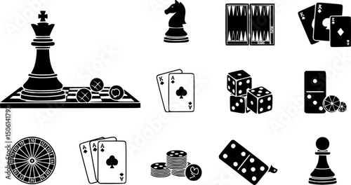 Board and table games solid icons set – silhouette style for gaming, leisure, and strategy symbols: chess king, checkers, backgammon, domino, dice, cards, roulette, pawn. 