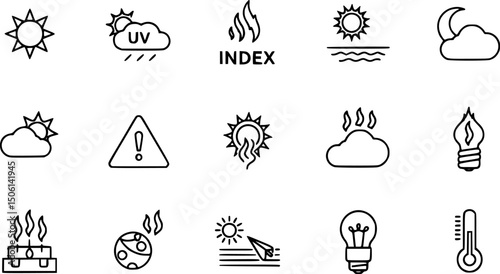 Weather and climate icon set - solid style meteorology, temperature, and forecast symbols for environmental data: sun, uv index, heat wave, warning, thermometer, light bulb, heat