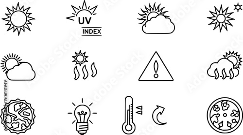 Weather and climate icon set - solid style meteorology, temperature, and forecast symbols for environmental data: sun, uv index, heat wave, warning, thermometer, light bulb, heat