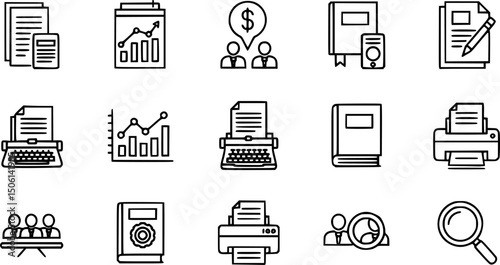 outline vector icons of business intelligence: BI dashboard, metric tile, decision tree, performance graph, insight alert, trend chart, executive report, pivot icon. set of line style icons