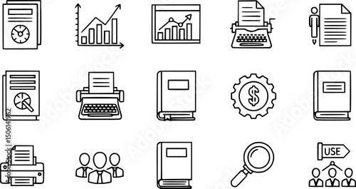outline vector icons of business intelligence: BI dashboard, metric tile, decision tree, performance graph, insight alert, trend chart, executive report, pivot icon. set of line style icons