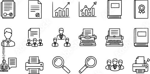 outline vector icons of business intelligence: BI dashboard, metric tile, decision tree, performance graph, insight alert, trend chart, executive report, pivot icon. set of line style icons