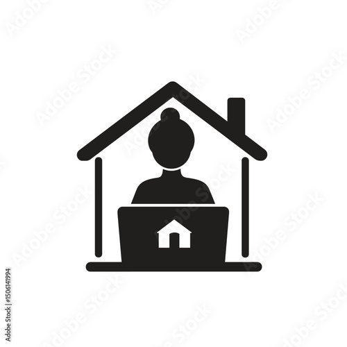 Home office icon of a woman at a laptop inside a house, symbolizing remote work, technology, and telecommuting