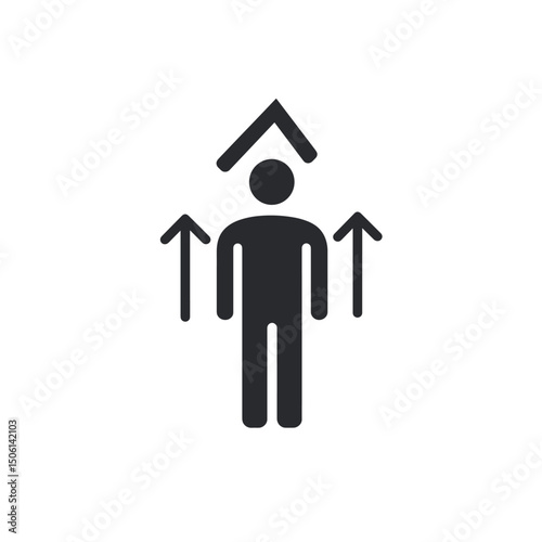 Figure with an arrow above the head and two side arrows, representing multi-directional growth, advancement, leadership, improvement, and opportunity