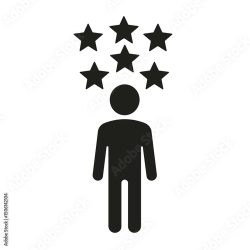 Silhouette person with multiple stars above, symbolizing success, achievement, recognition, outstanding performance, rating, or excellence