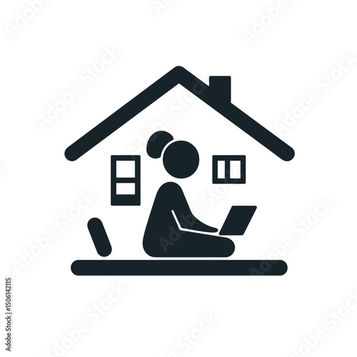 Female figure sitting cross-legged with laptop inside a house, perfect for home office, remote work, telecommuting, online learning, or freelance work themes
